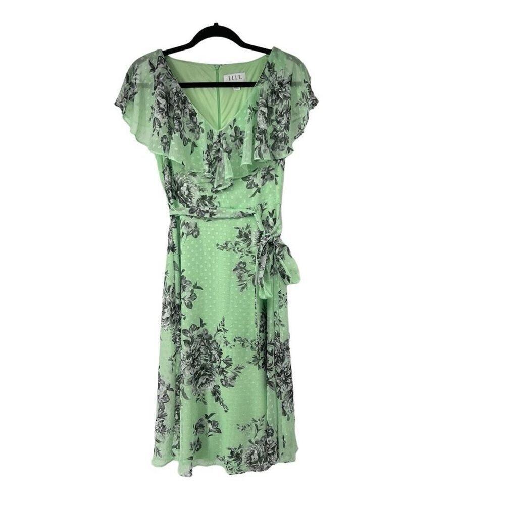 Elle‎ Green Black Floral Ruffle Detail Swiss Dots Dress